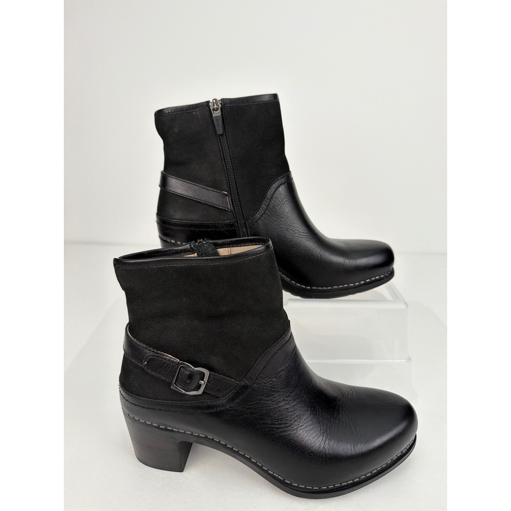 Dansko Leather Ankle Boots 39 Black Buckle Block Heel Professional Minimalist